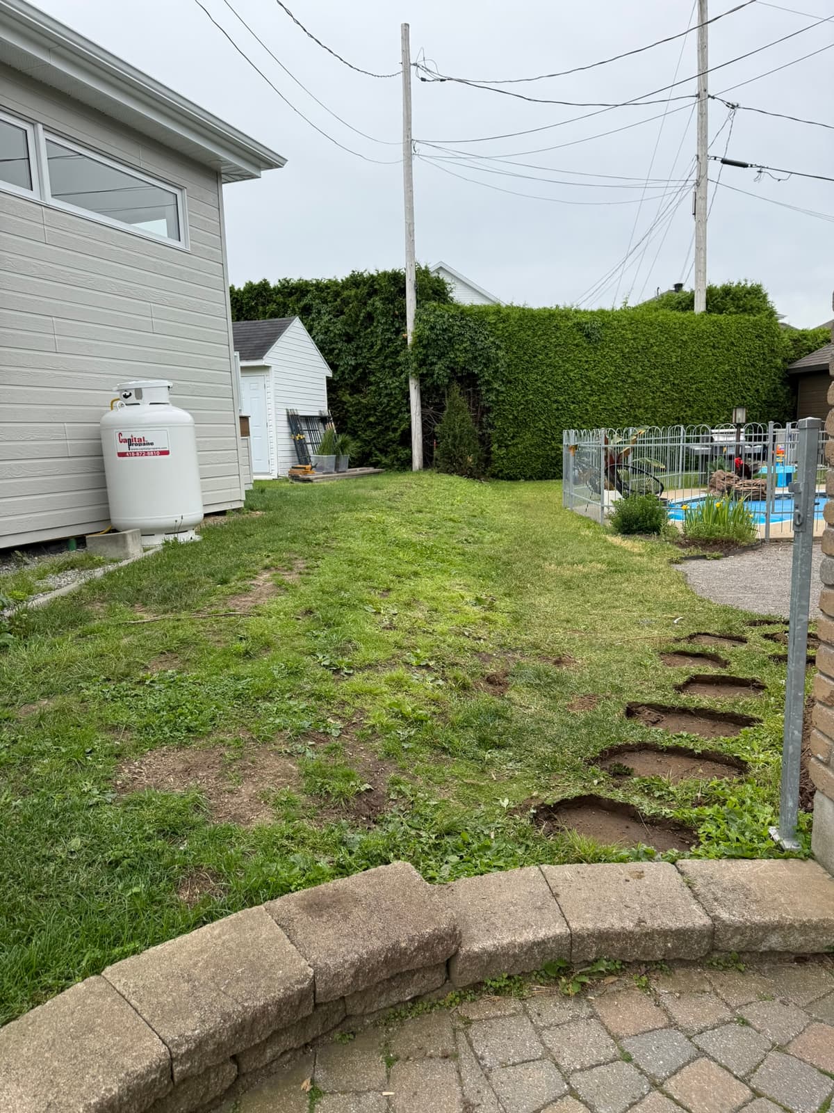 Avant les travaux — cour arrière avec terrain gazonné irrégulier et accès vers la piscine
