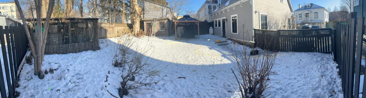 Avant les travaux — cour arrière enneigée avec pergola et clôture à Charlesbourg